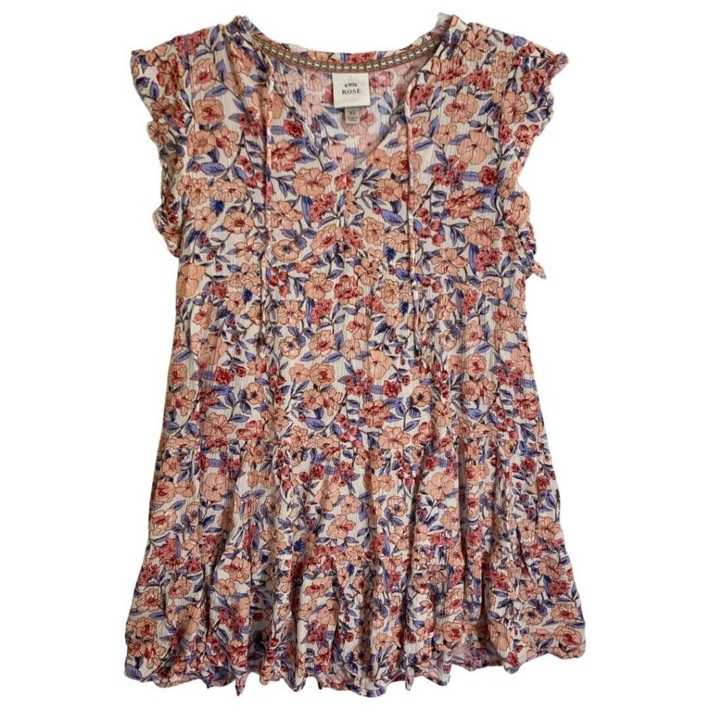 Knox Rose Womens XS Floral Vneck Tunic Top Dress Tie Rust Blue Flowers Blouse